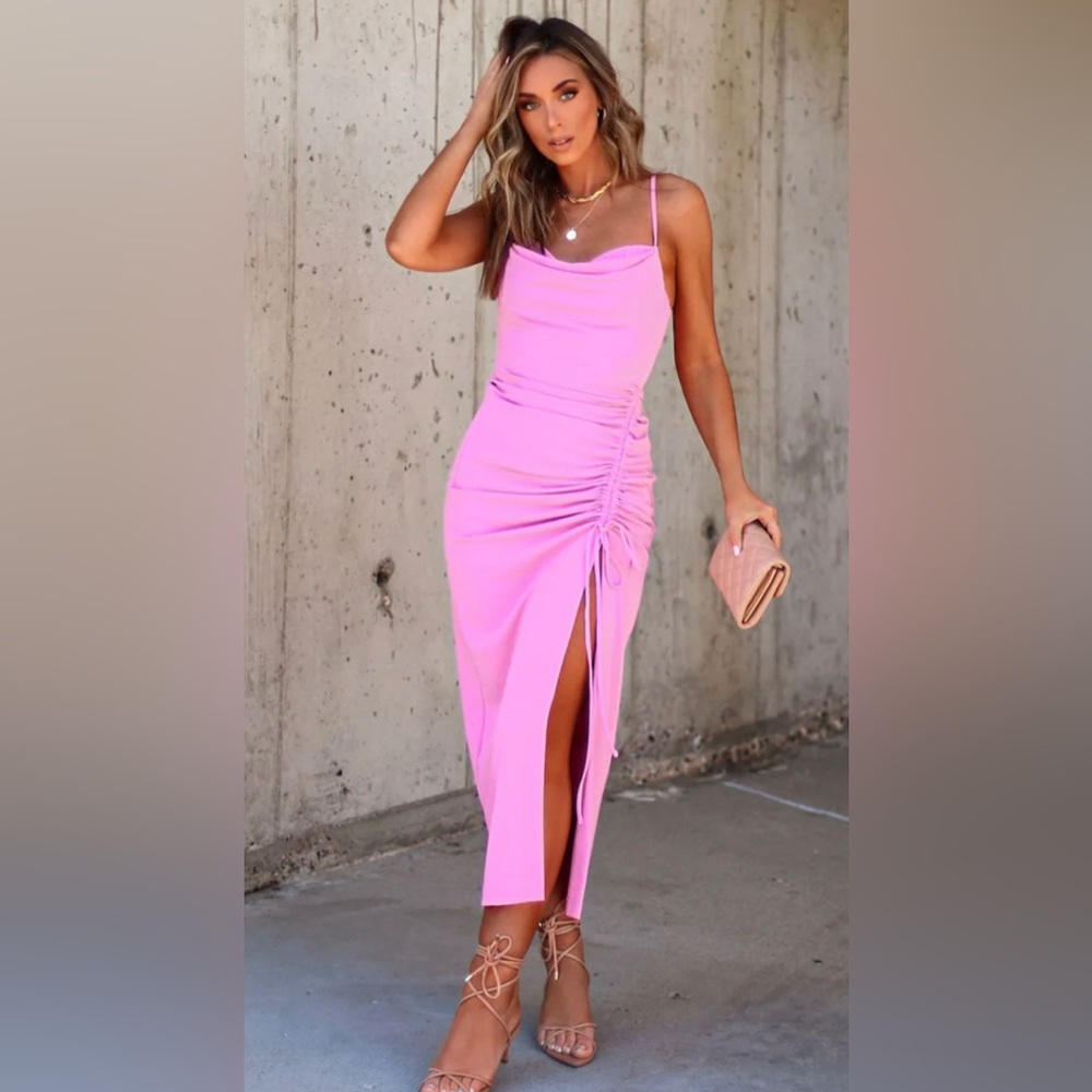 VICI Material Girl Ruched Cowl Neck Maxi Dress - Pink